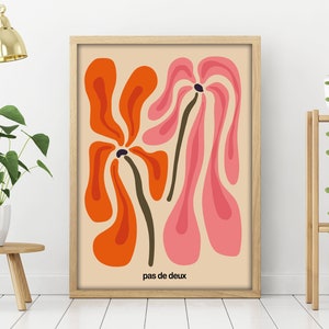 Pas De Deux, abstrakter lustiger Blumendruck, Groovy Retro Poster, modernes buntes Wanddekor, herunterladbare druckbare Kunst, digital