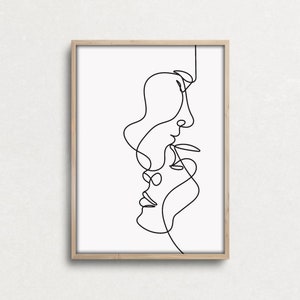 Romantische Minimalistische paar Line Art, Kontinuierliche One Line Faces Zeichnung, Geschenk für Liebhaber, Druckbare Gesicht Line Art, Schwarz Weißer abstrakter Druck