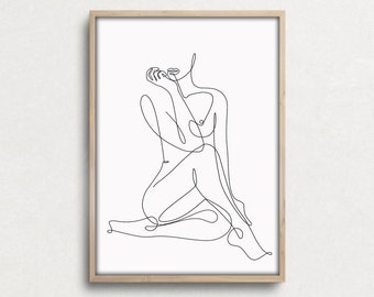 Naked Woman Body Line Drawing, Lady Line Art, Female Abstract Continuous Simple Modern Printable Print, Digital Black White Gallery Wall Art