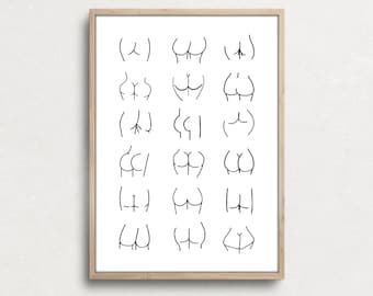 Nice Bum Body Positive Print, Quirky Art, Butt Art Print , Funny Bathroom Art Minimal Wall Print, Self Love, Body Positive, Butt Line Art