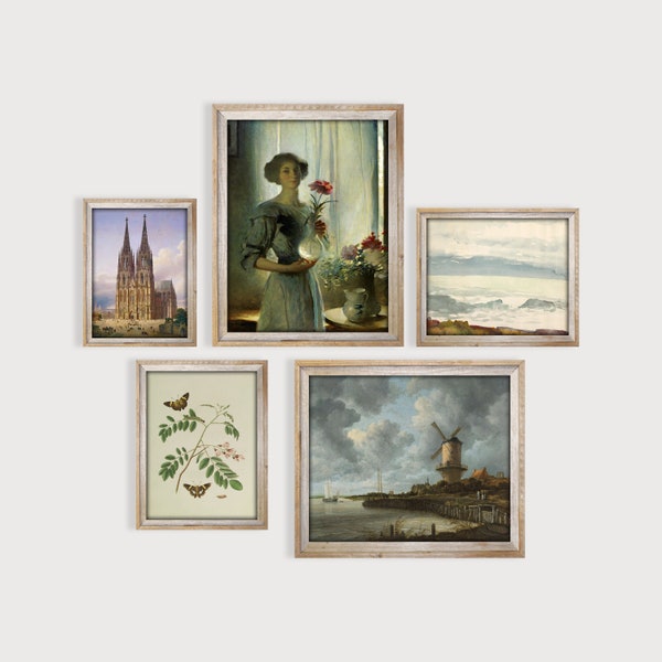 Vintage Gallery Wall Art Set van 5 Print, Frans land Europees decor, vintage olieverfschilderijen, landschapsdruk, olieverfschilderijen van beroemde