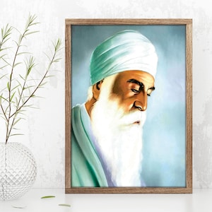 Może przedstawiać: Portret mężczyzny z białą brodą i turbanem, ubrany w jasnoniebieską szatę. Tło to jasnoniebieski gradient.