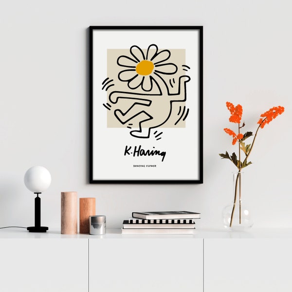 Keith Haring Dancing Flower Painting, Funny Floral, Gallery Exhibition Poster, Museum Wall Art Print, Instant Printable, Digital Download