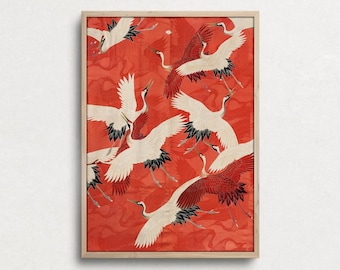 Vintage Japanese Crane Art Print, Red Kimono Ukiyoe (Digital Download)