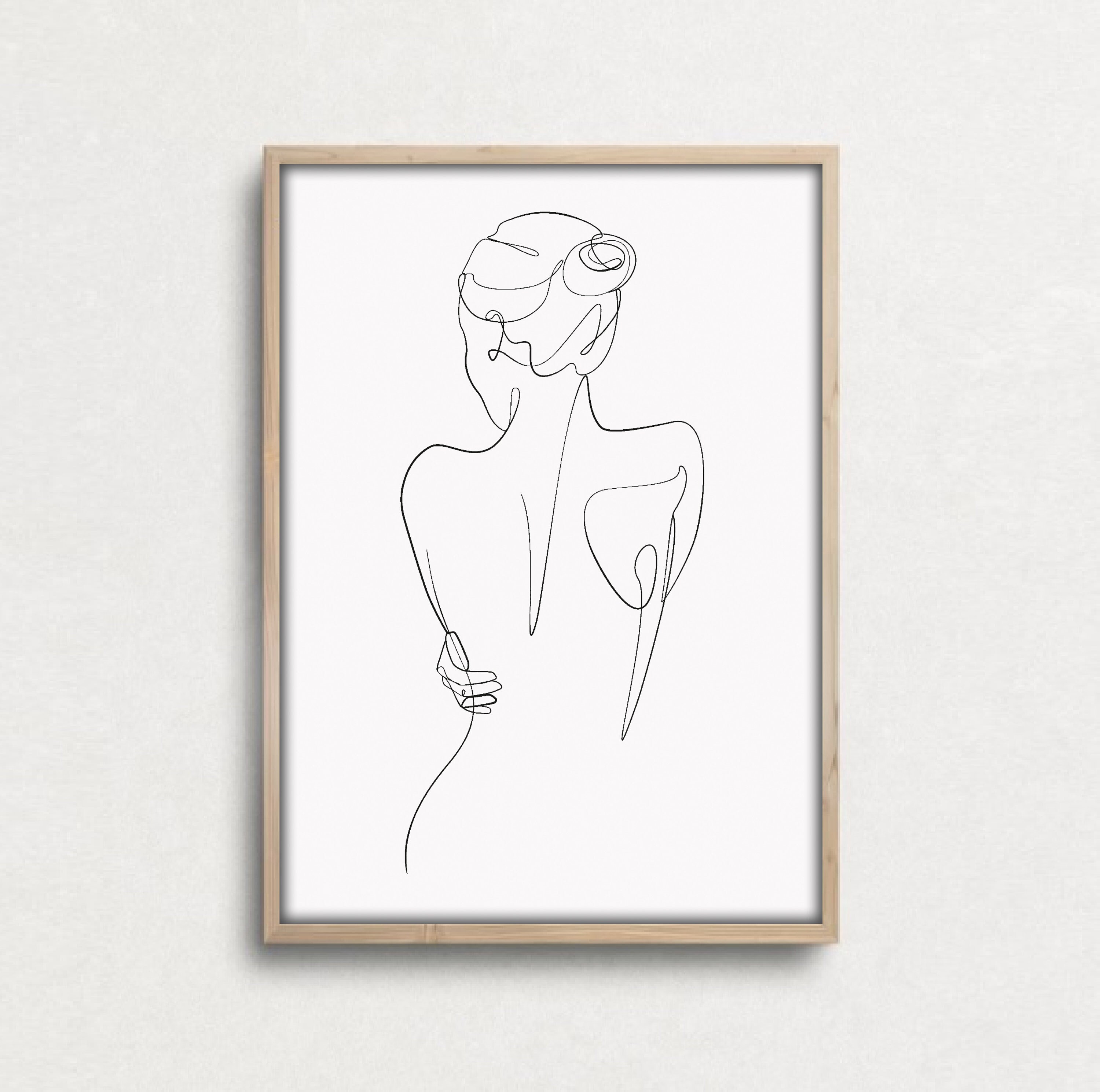 Naked Woman Body Line Drawing Art, Lady Line Art, Female Abstract Continuous Simple Modern Printable Print, Black White Naked Women's Back