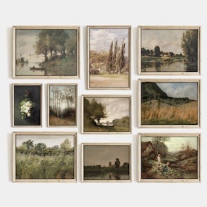 Vintage Franse landgalerij muurkunst set van 10, weideschildering, landschapsdruk, rustieke schilderijen aan de oever van het meer, olieverfschilderijen van beroemdheden