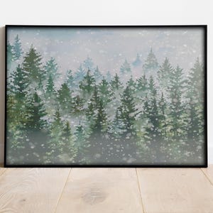 Pintura de bosque invernal, decoración navideña, paisaje nevado, acuarela de árboles de hoja perenne, arte mural imprimible, descarga digital