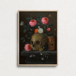 Naturaleza muerta de Vanitas de Jan Van Kessel, arte de calaveras vintage, decoración de calaveras antiguas, arte mural único, decoración gótica para el hogar, pintura ecléctica
