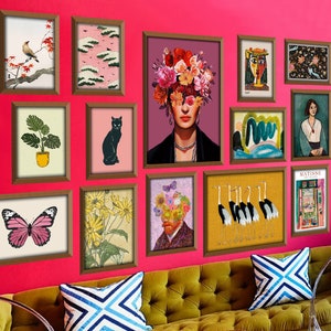 Colorido conjunto de pared de galería ecléctica de 16, decoración de pared maximalista, estilo gitano, paquete de impresiones de pared, Frida Kahlo, Picasso, Van Gogh, Digital