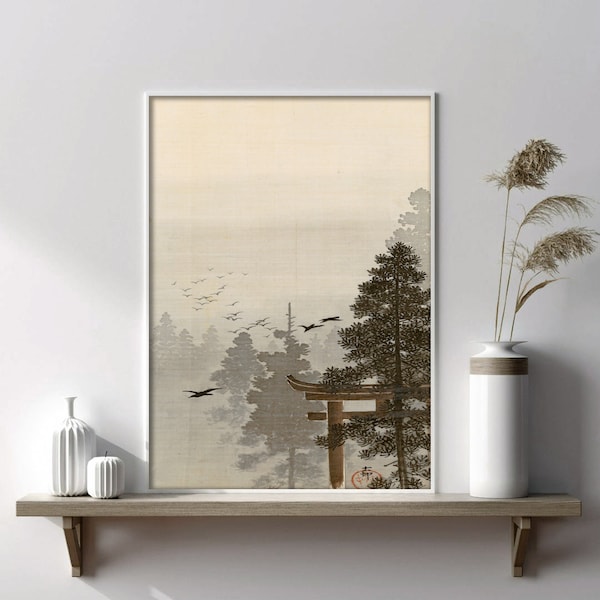 Vintage Japanese Painting, Minimalist Poster, Tree And Birds, Nature Asian Print, Scandinavian Wall Art, Digital Printable, Instant Download