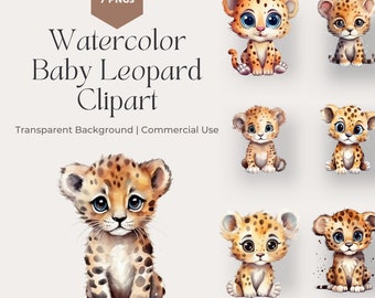 Aquarell Baby Leopard Clipart, niedliche Leoparden Safari Tiere, Baby-Dusche-Dekor, Kinderzimmer Dekor, transparentes PNG, kommerzielle Nutzung