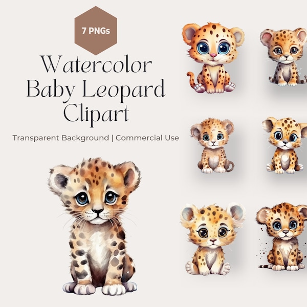 Watercolor Baby Leopard Clipart, Cute Leopards Safari Animals, Baby Shower Decor, Nursery decor, Transparent PNG, Commercial Use