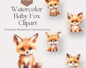 Watercolor Baby Fox Clipart, Cute Nursery Decor, Baby Shower, Transparent PNG, Commercial Use