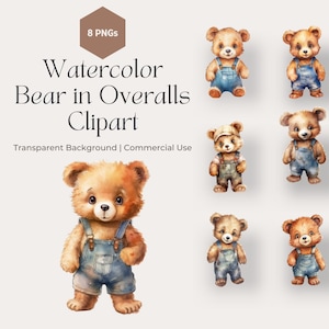 Watercolor Bear In Overalls Clipart, Cute Nursery Decor, Baby Shower, Transparent PNG, Commercial Use, Cute Teddy Bears, Cute Animal Clipart