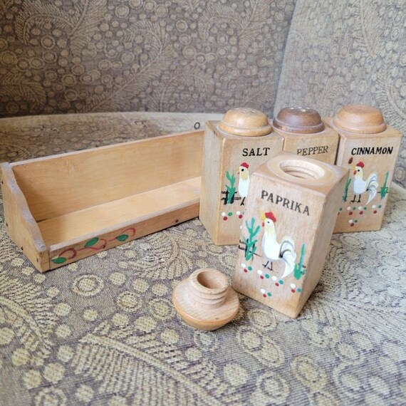 Vintage Hand Painted Salt Pepper Cinnamon Paprika Shakers on Shelf Wooden  German Austrian Hungarian Oktoberfest Rooster Hen 