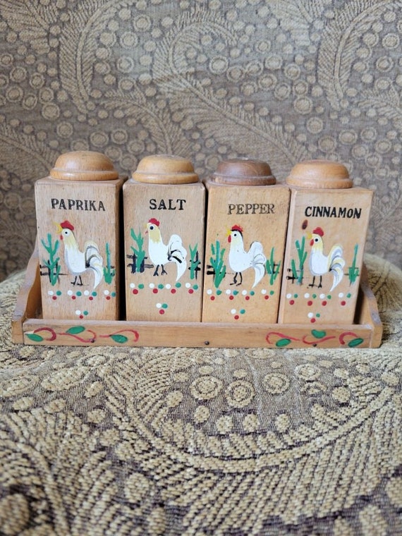 Vintage Hand Painted Salt Pepper Cinnamon Paprika Shakers on Shelf Wooden  German Austrian Hungarian Oktoberfest Rooster Hen 