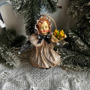 Handmade Cotton Christmas Ornament – Vintage-Style - Girl with a bouquet of mimosas– Collectible Figurine, Old Fashioned Tree Decoration