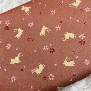 Japanese Bunny Cotton Fabric: Cherry Blossom Print, Salmon Pink, Quilting