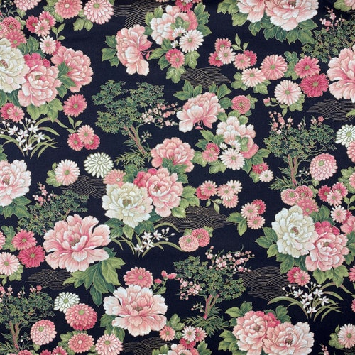 Japanese Floral Print in Black Asian Fabric Oriental Fabric Etsy