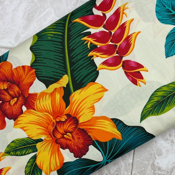 Tropical Hawaiian Orchids and Heliconia Flowers in Cream, 100% Cotton, Quilting, by Half Yards