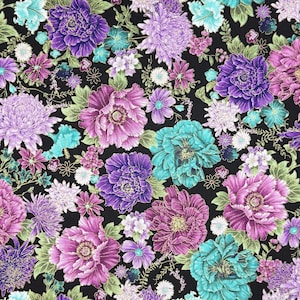 May include: A black fabric with a floral pattern featuring purple, pink, and teal flowers. The flowers are outlined in gold, giving the fabric a luxurious look.