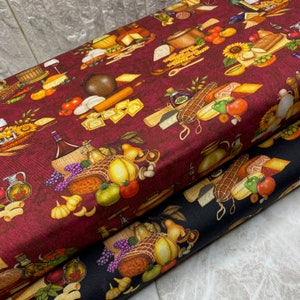 Italian food and wine print fabric in burgundy and Black, Food Print, Quilting, by Half Yard