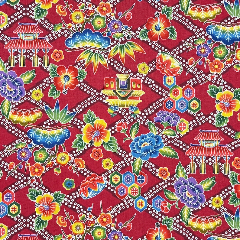 Okinawa Bingata Style Broadcloth Fabric, Quilting, 100% Cotton, by the ...
