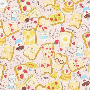 Kawaii Smile Time Bread Print Fabric: Pink Kokka Oxford Cotton By the Yard
