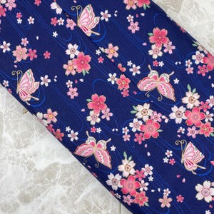 Japanese Cherry Blossoms and Butterflies in Blue Fabric, Quilting
