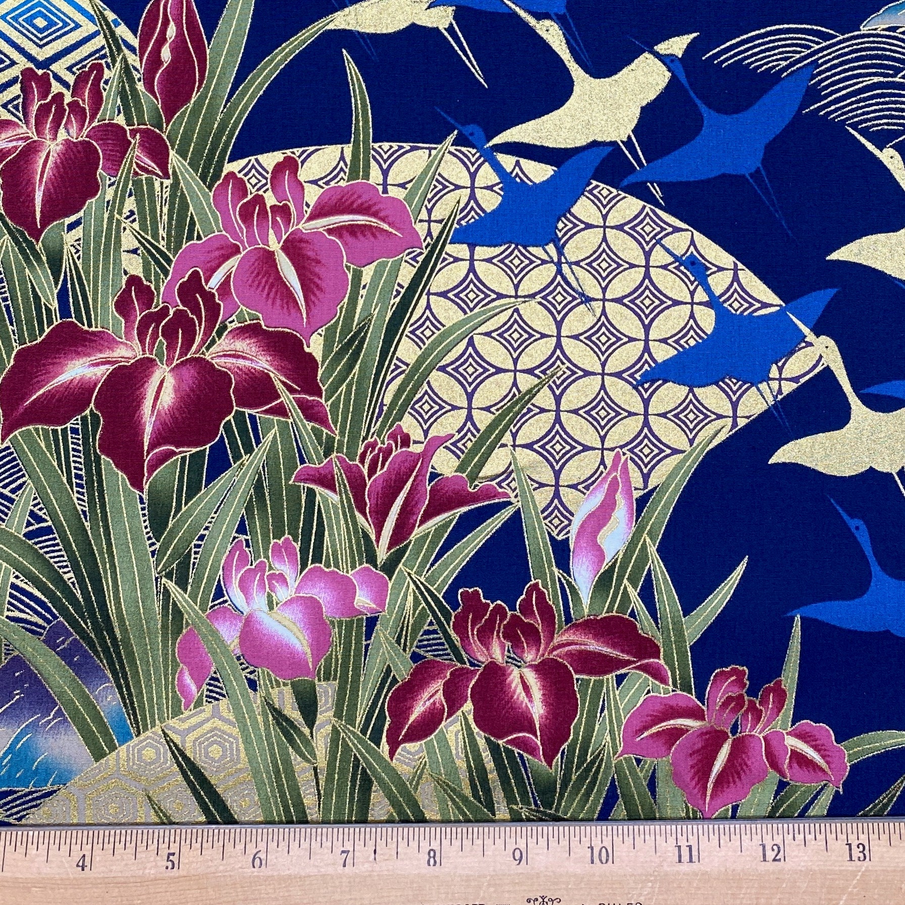 Japanese Floral and Crane Print Fabric in Blue Quilting Etsy
