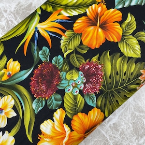 Hawaiian Tropical Floral Print Fabric in Black, Quilting, By the Yard