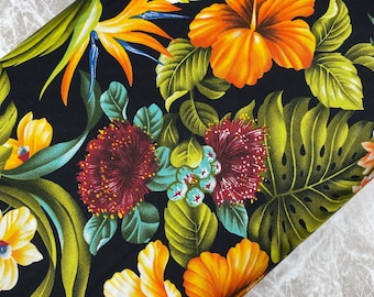 Hawaiian Tropical Floral Print Fabric in Black, Quilting, By the Yard