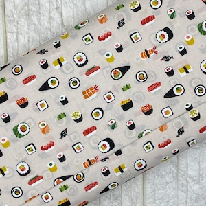 Tiny Various Sushi Print Fabric on White Background, Quilting, Import, by the Yard