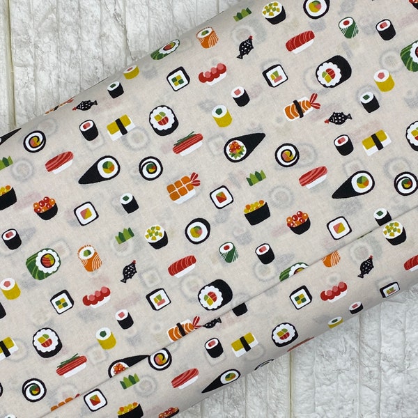 Tiny Various Sushi Print Fabric on White Background, Quilting, Import, by the Yard