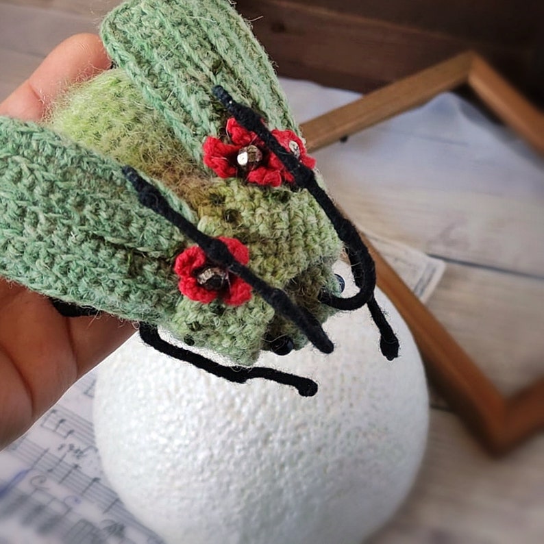 May include: A green crocheted bug with black legs and red flowers with black centers. The bug is being held in a hand.