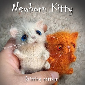 Newborn cat knitting pattern, cute toy pattern for knitting kitty. Detailed аmigurumi tutorial how to knit cat toy, brooch, doll accessories