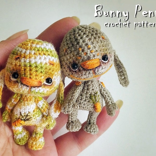 Crochet bunny pattern, cute crochet amigurumi animal doll. Stuff animal pattern for making brooch or small toy. Dolls accessories DIY crafts