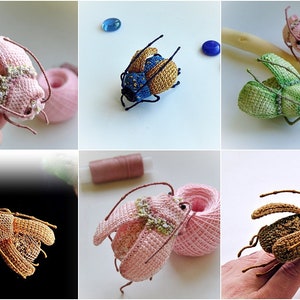 May include: A collection of six crocheted beetle figurines in various colors, including pink, green, blue, and brown. The beetles are all handmade and have intricate details.