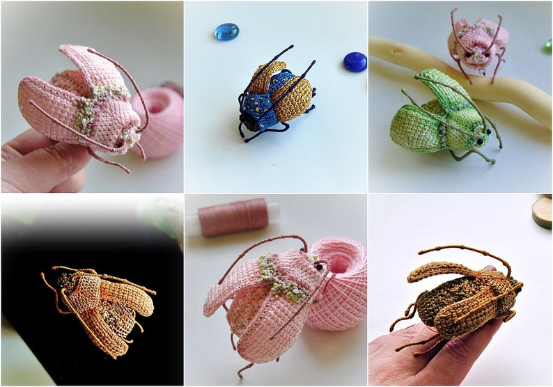 May include: A collection of six crocheted beetle figurines in various colors, including pink, green, blue, and brown. The beetles are all handmade and have intricate details.