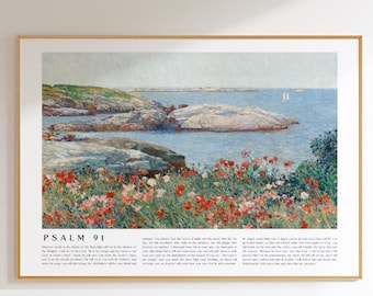Psalm 91 Landscape Wall Art, Bible Verse Poster for Christians, Vintage Scripture Art Print, Poppy Impressionism Painting, Art Download