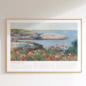 Psalm 91 Landscape Wall Art, NIV, PINK FONT, Bible Verse Poster for Christians, Vintage Scripture Art Print, Poppy Impressionism Painting