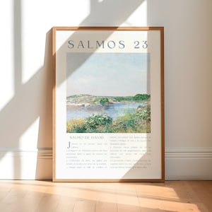 Może przedstawiać: Wydruk w ramie akwareli przedstawiającej krajobraz z rzeką i drzewami. Wydruk zawiera tekst "SALMOS 23" i "SALMO DE DAVID" w kolorze niebieskim.