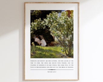Księga Przysłów 31:25-27 Drukowana sztuka ścienna, Vintage Christian Art Print, Plakat z wersetem biblijnym, Pobieranie sztuki cyfrowej, Kobiecy wystrój domu