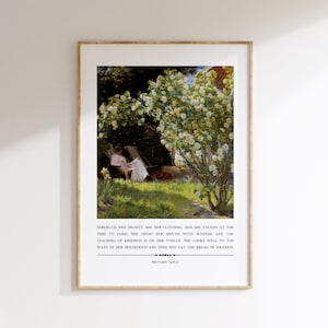 Provérbios 31:25-27 Arte de parede para impressão, impressão de arte cristã vintage, pôster de versículo da Bíblia, download de arte digital, decoração de casa feminina