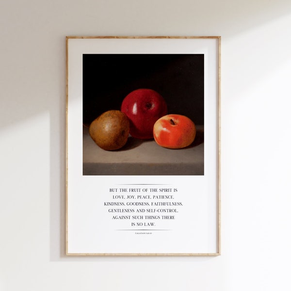 Fruit Of The Spirit Wall Art, Galatians 5:22-23 Scripture Wall Art, Moody Vintage Art Print, Fruit Still Life Painting, Christian Home Decor