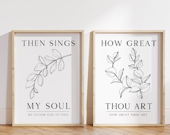 How Great Thou Art, Christian Wall Art Set of 2, Then Sings My Soul Printable, Botanical Hymn Wall Art, Modern Christian Home Decor