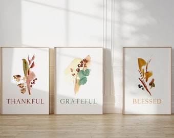 Grateful Abstract Art, Christian Wall Art Set of 3, Thankful, Grateful, Blessed Holiday Decor, Modern Art Print, Christian Home Decor