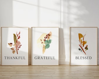 Thanksgiving Holiday Decor, Christian Wall Art Set of 3, Thankful, Grateful, Blessed Digital Prints, Modern Christian Home Decor, Fall Decor