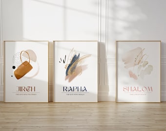 Names of God Printable Wall Art, Set of 3 Christian Wall Art, Modern Bible Verse Quotes, Jireh, Rapha, Shalom Digital Art Prints,