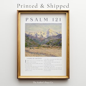 Peut inclure: Une impression encadrée avec un cadre doré. L'œuvre d'art présente une peinture de paysage de montagnes et d'un lac. Le texte en haut indique "PSALM 121" et en dessous de la peinture se trouve "A SONG OF ASCENTS" avec un passage de la Bible.